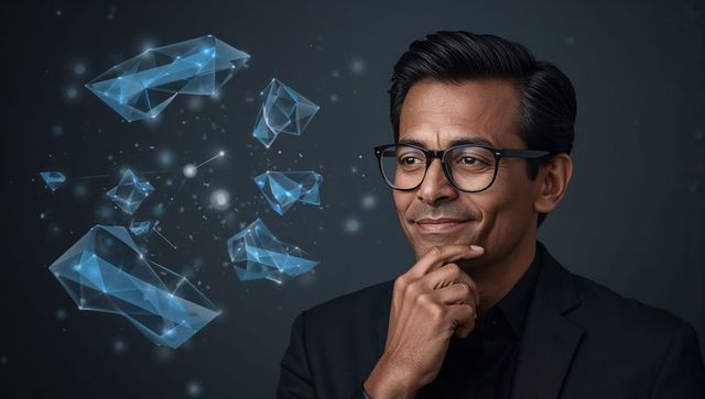 Contemplative tech executive glasses holding chin studying futuristic holographic ai network