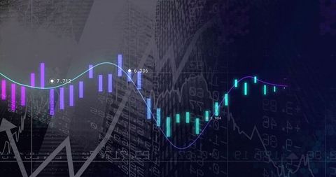 Neon Candlestick Chart With Glowing Spline and Numeric Tickers Overlaid on Cityscape