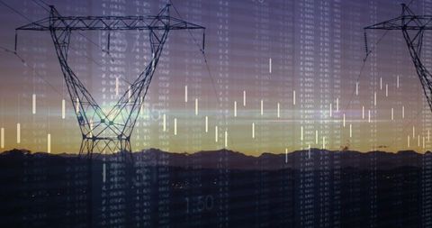High-Voltage Transmission Tower Silhouetting at Dusk with Data Visualization Overlay