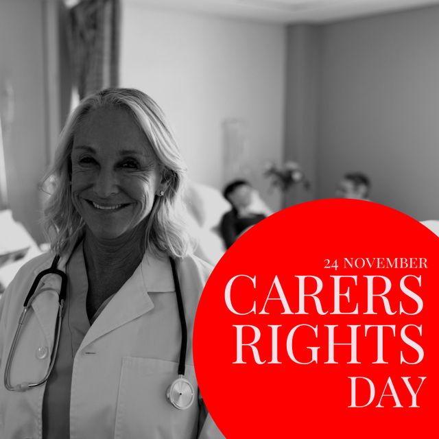 Composition of carers rights day text with caucasian female doctor. Carers rights day and celebration concept digitally generated image.