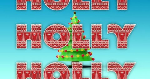 Festive HOLLY Text Overlaying Christmas Tree on Turquoise Background