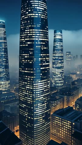 Tracking upward through drifting fog around illuminated futuristic skyscrapers at night