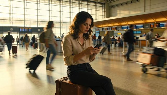 Sitting woman scrolling smartphone at bustling airport terminal with vintage carry-on