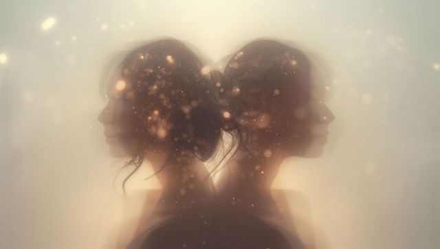 Dreamy double-exposure female silhouettes facing opposite with glowing bokeh ethereal haze