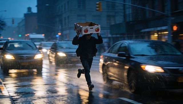 Runner sprinting through rainy city street holding cardboard apple box overhead at dusk