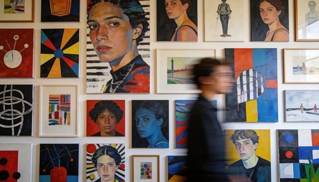 Blurred figure walking past gallery wall full of colorful portraits and abstract paintings