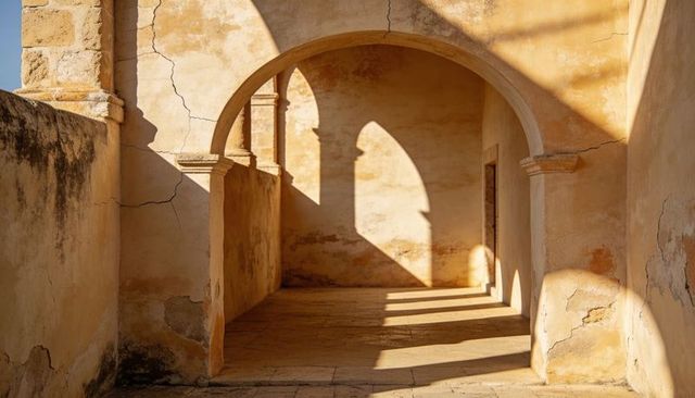 Basking arched stone passage casting dramatic shadows over tiled floor and cracked plaster