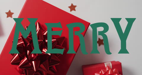 Merry Christmas Animation Over Present and Decorations