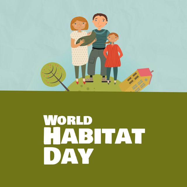 Square image of world habitat day text with caucasian family and globe. World habitat day campaign.
