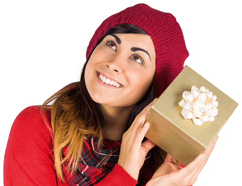 Joyful Woman Holding Christmas Gift on Transparent Background