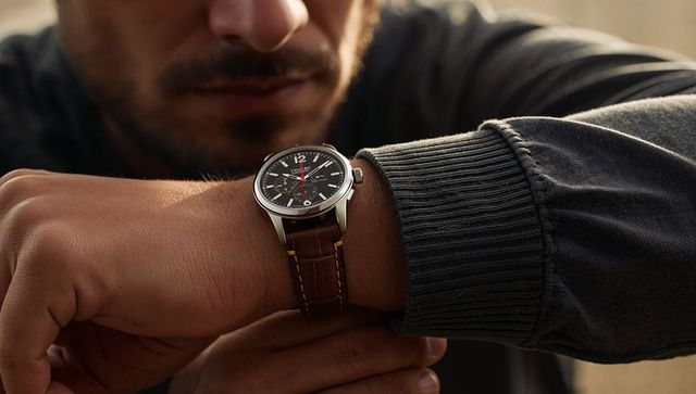 Masculine leather strap wristwatch on man resting forearm during golden hour close-up