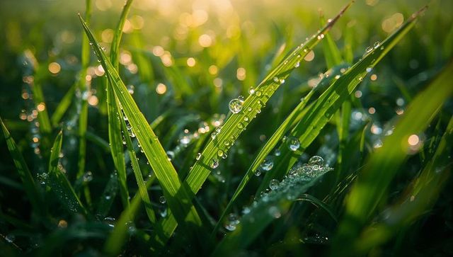 Morning dew on backlit green grass blades with golden bokeh, macro closeup, fresh nature