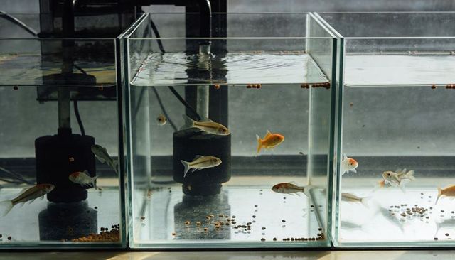 Minimal three-tank aquarium display featuring goldfish, black sponge filters and scattered pellets
