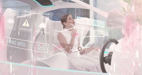 Woman Engaging with Futuristic Interface in Autonomous Car