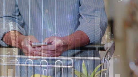 Man Grocery Shopping with Smartphone and Financial Data Overlay