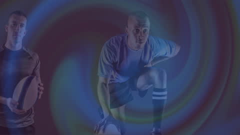 Rugby Players with Digital Waves and Technology Background