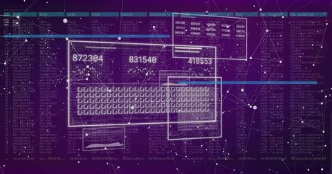 Futuristic Data Dashboard Showing Keyboard Schematic, Numeric Readouts and Network Nodes