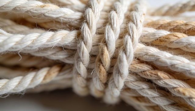 Braiding natural fiber rope bundle showing braided strands and knotted twine texture macro closeup