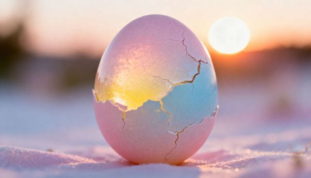 Glowing cracked pastel eggshell sitting on snowy ground at sunrise with warm bokeh