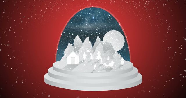 This image features a winter snow globe with Santa in his sleigh and a snowy landscape, including a cottage, pine trees, and mountains under a full moon. Ideal for holiday cards, festive advertisements, and Christmas-themed decorations. The snowy night sky and red background enhance the holiday spirit.
