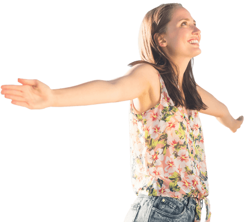 Smiling Woman with Open Arms on Transparent Background