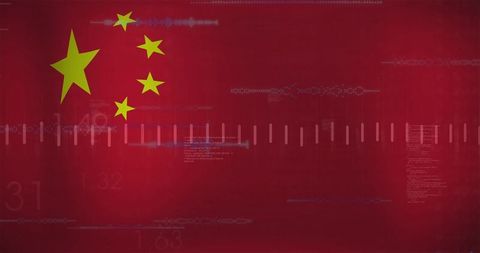 Chinese flag graphic featuring five yellow stars and digital data waveform overlay on red