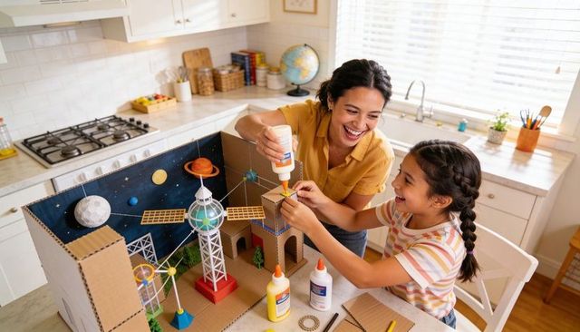 Mother and daughter building cardboard space diorama in bright kitchen using craft glue