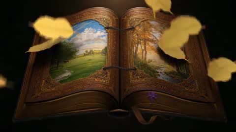 Golden Leaves Falling on Illustrated Autumn Storybook