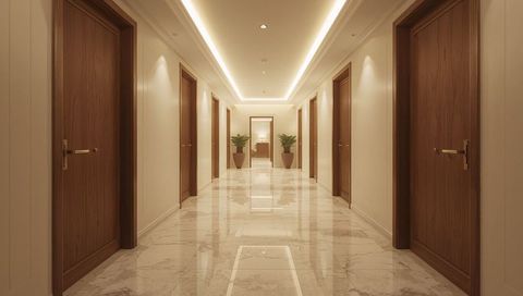 Luxurious symmetric hotel corridor with marble floor and ambient cove lighting