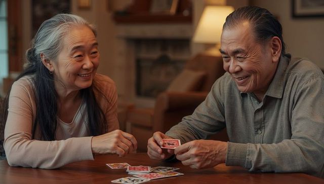 Senior asian couple playing cards at cozy home table sharing warm smiles in living room