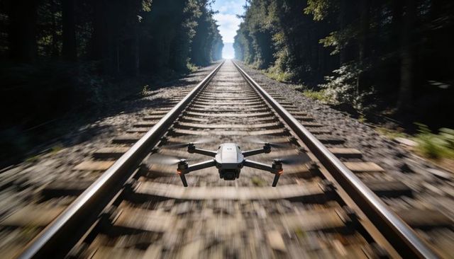 Hovering drone filming over railway tracks through sunlit forest corridor toward horizon