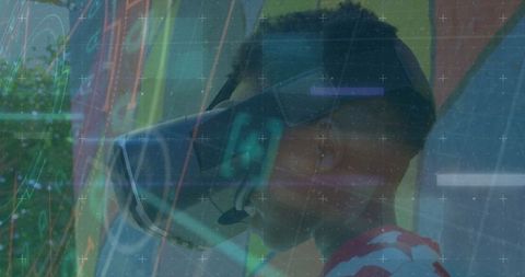 Young Boy Exploring with VR Headset and Digital Overlay