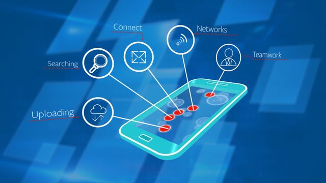 This illustration showcases a smartphone screen with various app icons symbolizing connectivity and digital interaction over an abstract blue background. Keywords such as searching, uploading, networking, and teamwork are visually highlighted. Useful for themes related to mobile technology, digital communication, and app development. Ideal for presentations, tech blogs, or educational materials explaining modern digital connectivity.