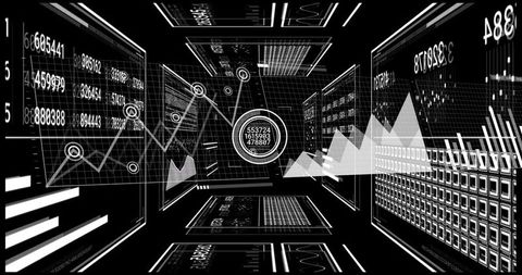 Futuristic data corridor with digital interfaces and analytics visualization
