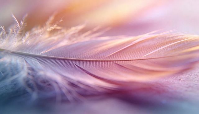 Soft pastel feather macro showing delicate rachis, barbs and dreamy bokeh