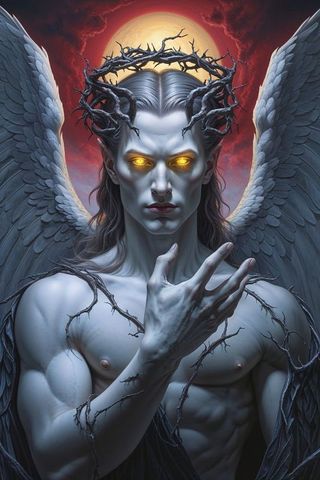 Majestic winged satan with luminous eyes under moonlit red sky