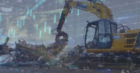 Heavy Machinery with Financial Data Overlay in Wasteland Scene
