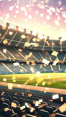 Golden confetti drifting across stadium stands with floodlights turning on at dusk