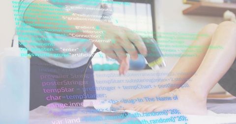 Caregiver trimming child toes with nail clippers, code overlay double exposure warmth