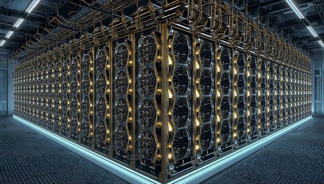 High-density server rack cluster with led cooling fans, industrial cabling, futuristic systems
