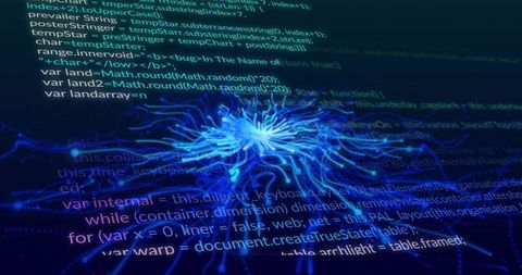 Glowing neural network visualization radiating blue filaments across tilted code plane