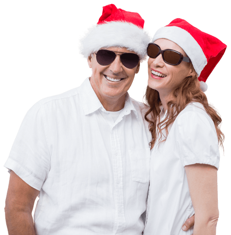Festive Couple in Santa Hats Smiling with Sunglasses Transparent Background