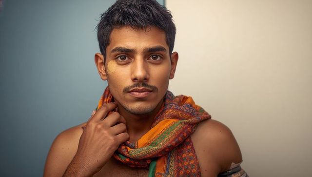 Young indian man wearing colorful patterned scarf and yellow paste on cheek, posing