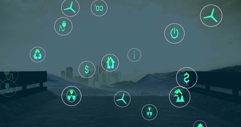 Digital Eco Icons Over Cityscape Representing Sustainability Concepts - Download Free Stock Images Pikwizard.com