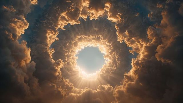 Sunburst through circular cloud tunnel releasing golden crepuscular rays and dramatic light
