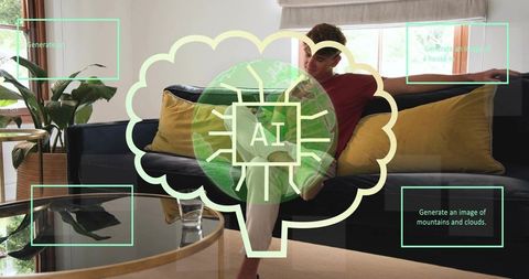 Young man sitting on sofa with AI brain overlay representing smart home technology