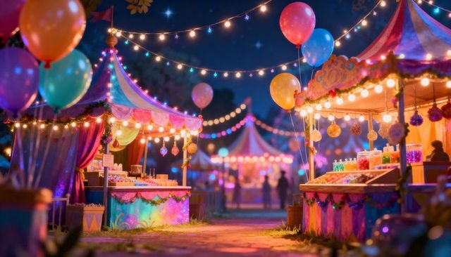 Twilight carnival market with glowing tents, string lights and colorful candy stalls
