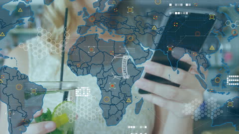 World Map and Technology Overlay with Woman Using Smartphone