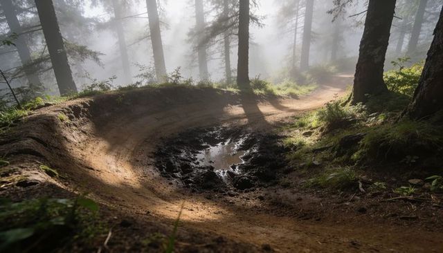 Winding dirt trail forming bermed curve in misty pine forest reflecting sun shafts