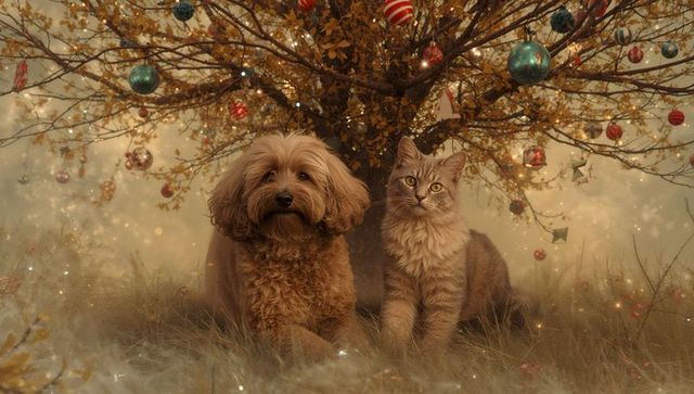 Festive Dog and Cat in Enchanted Golden Forest